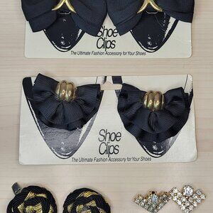 4 Pairs Vintage Shoe Clips: Latique Black Ribbons w/ Gold Accent, Chevron & Rope